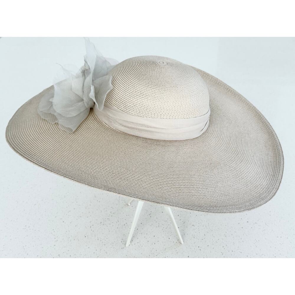 Joe Bill Miller Wide Brim Hat Cream Organza Flower Dress Hat NOS - Picture 2 of 5